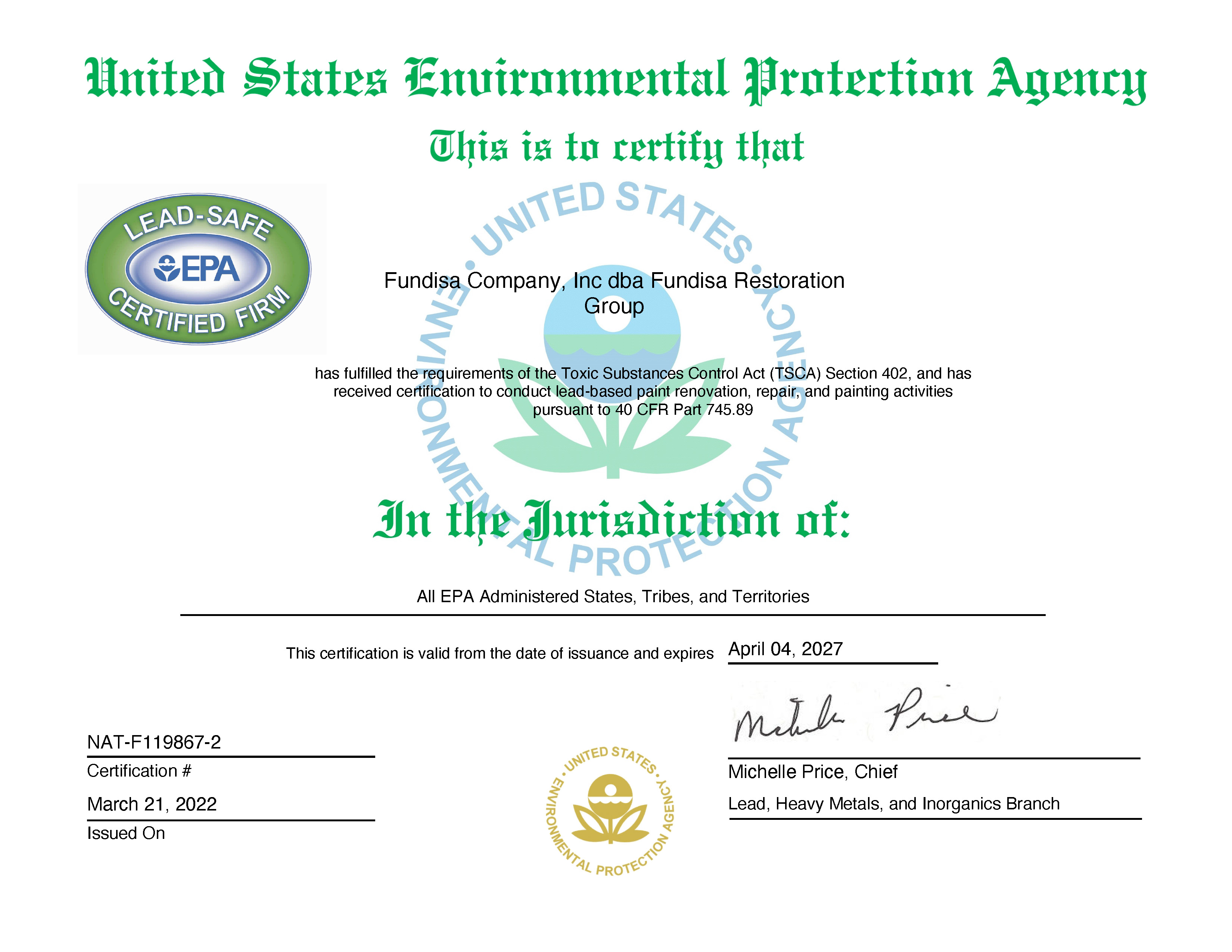EPA Lead Safe Certifiate